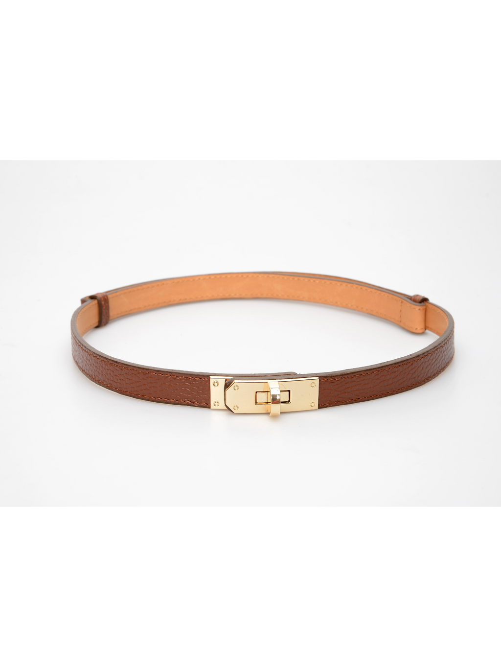 De bruine riem met het goudkleurige draaislot