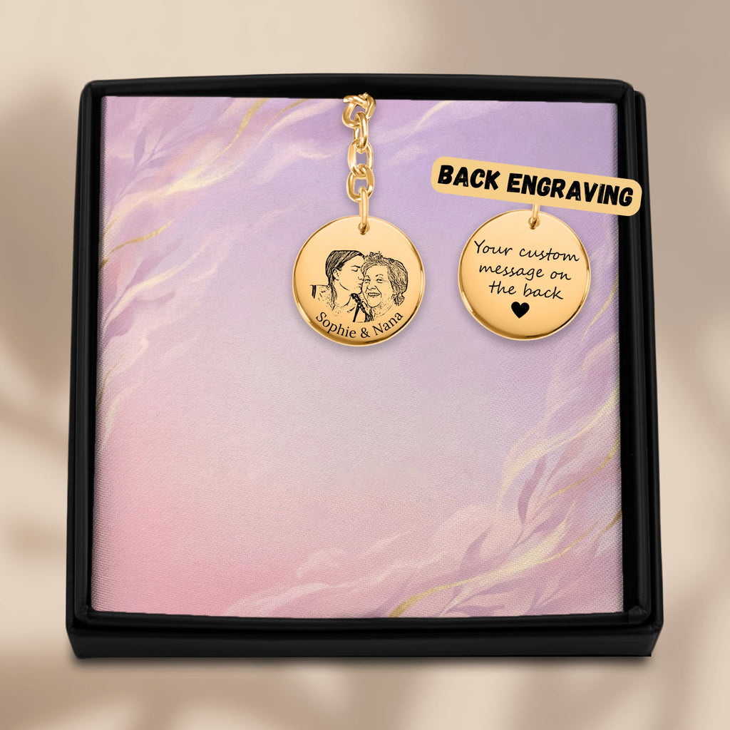 De gouden muntsleutelhanger met lijnportret in het geschenkdoosje, met de achterkant ernaast