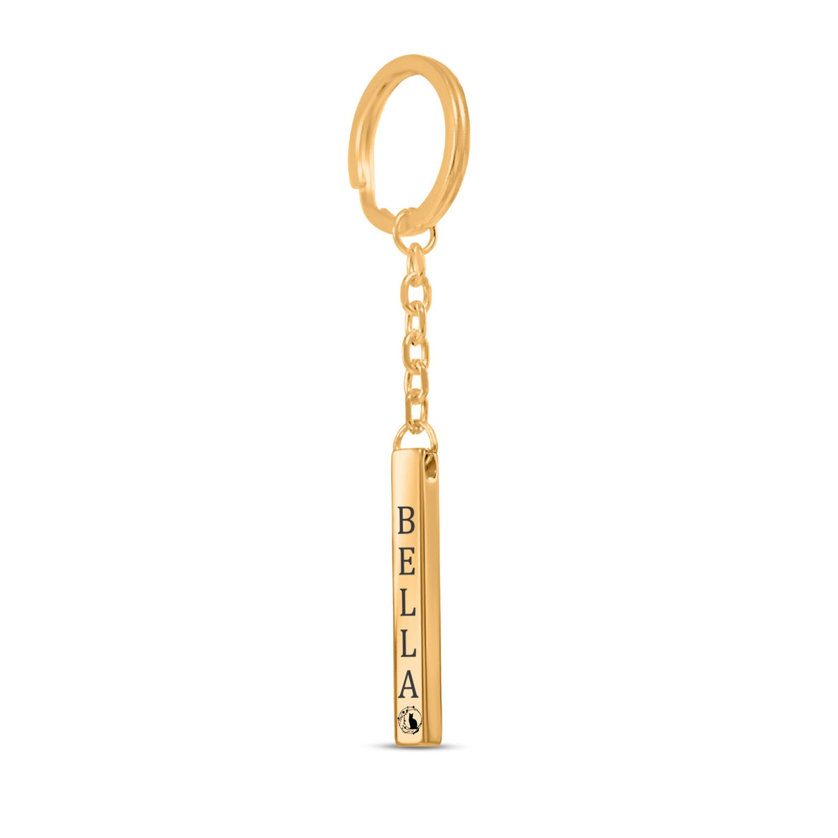 De gouden 3D-staafsleutelhanger met ring en ketting, tegen wit