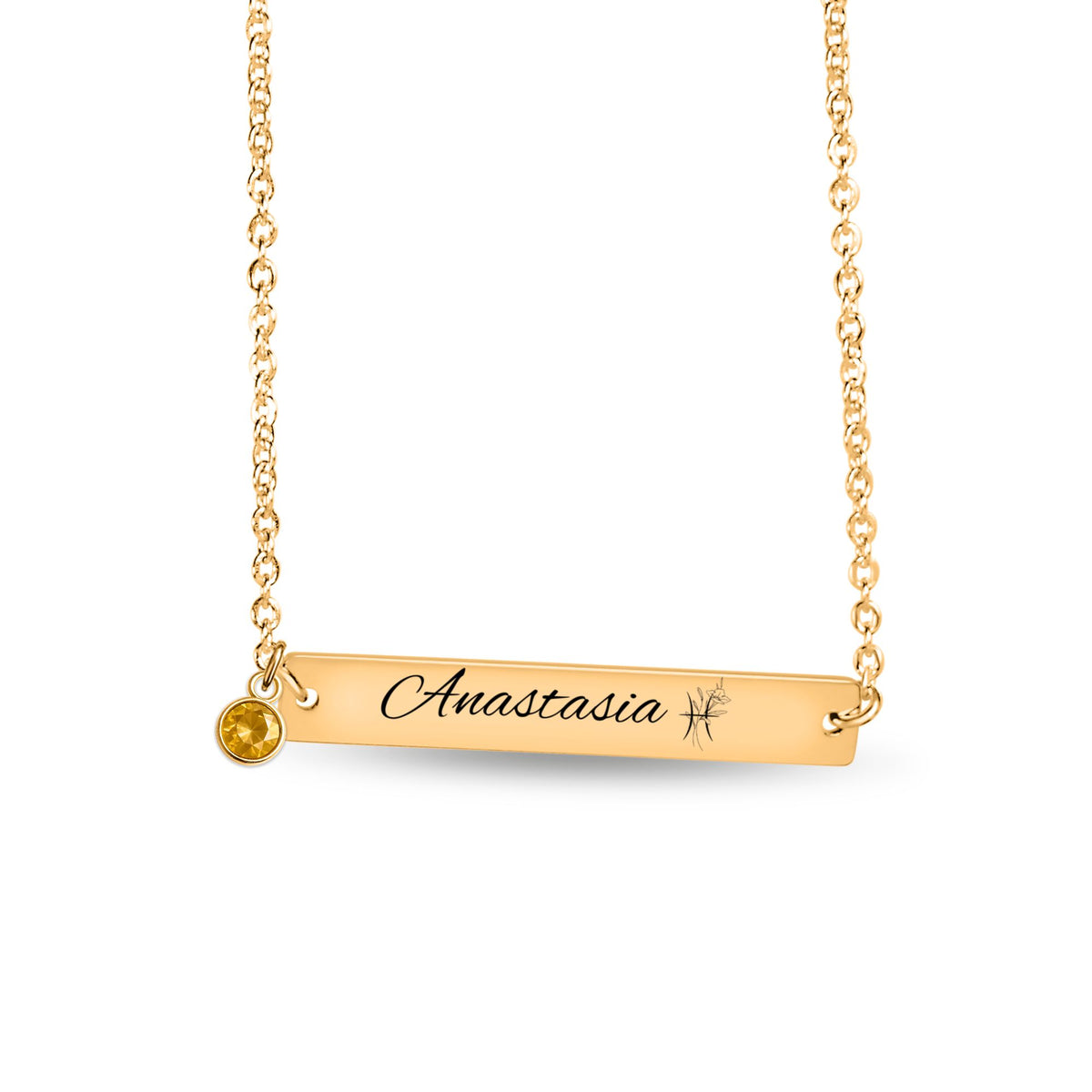 De gouden horizontale staafketting met geboortesteen, tegen wit