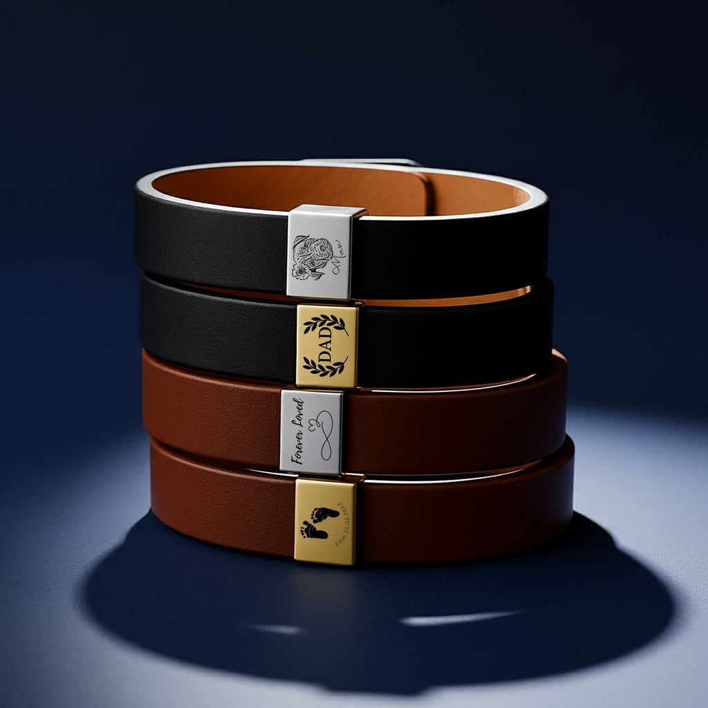 De herenarmband van kunstleer met gegraveerd plaatje