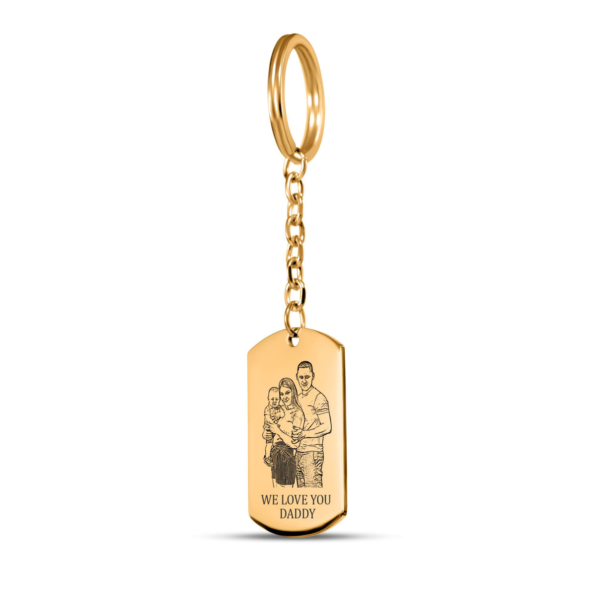 De gouden sleutelhanger met gegraveerd plaatje met ring en ketting, tegen wit