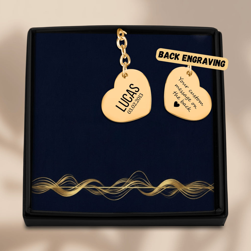 De gouden hartvormige sleutelhanger in het geschenkdoosje, met de achterkant ernaast