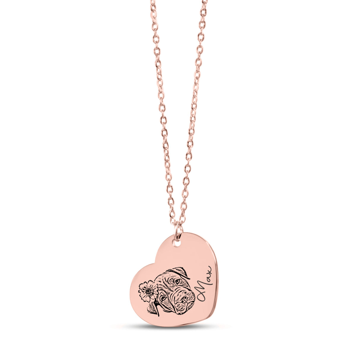 De roségouden hartketting, tegen een witte achtergrond