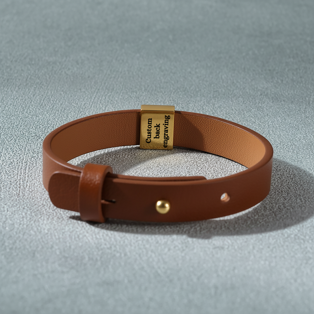 De herenarmband van kunstleer met gegraveerd plaatje