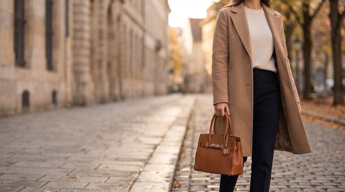 Vrouw in een camelkleurige jas loopt door een geplaveide straat, met een cognackleurige handtas met twee hengsels in haar hand